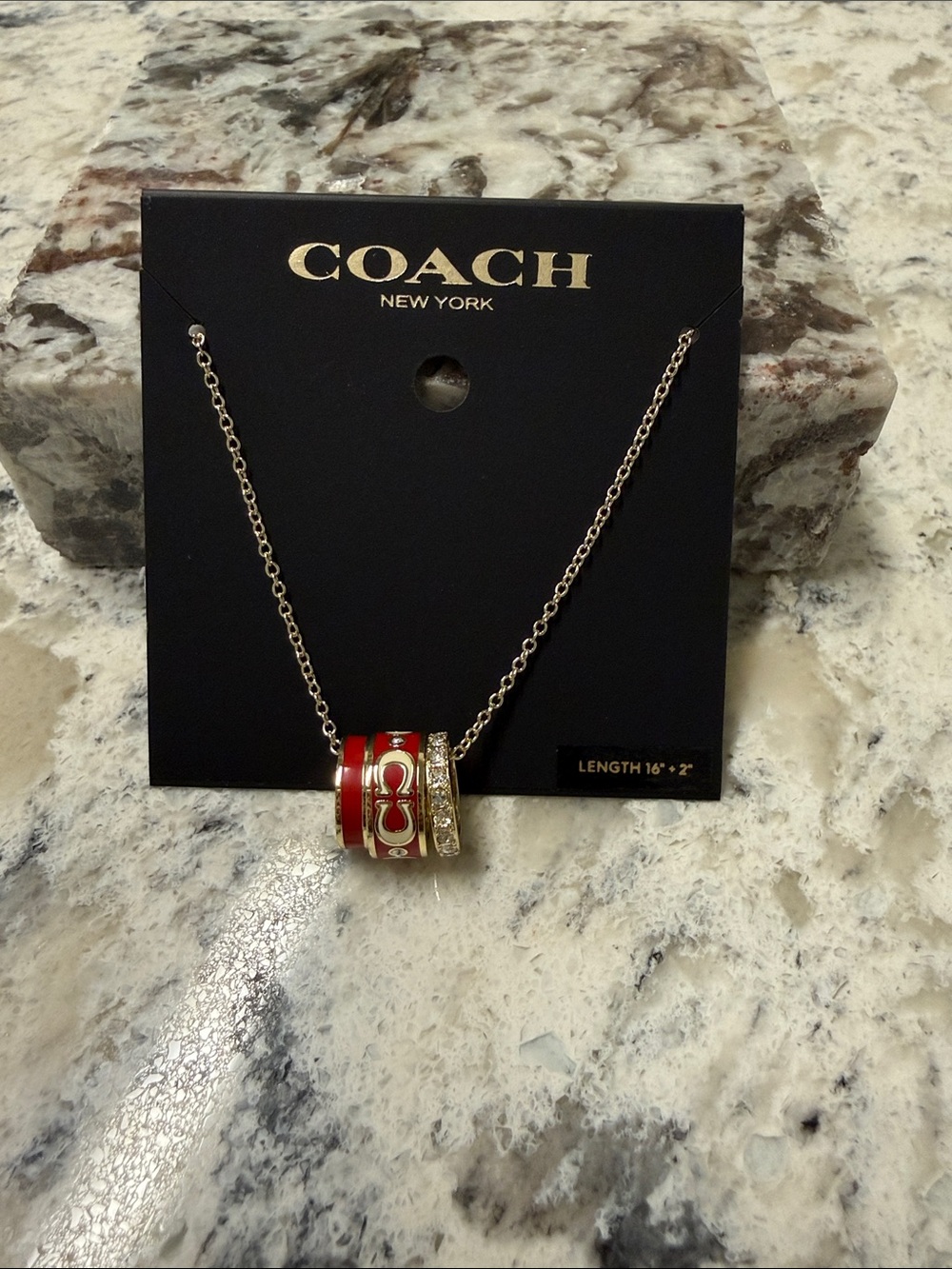Coach Red Enamel and Gold-Tone Logo Pendant Necklace